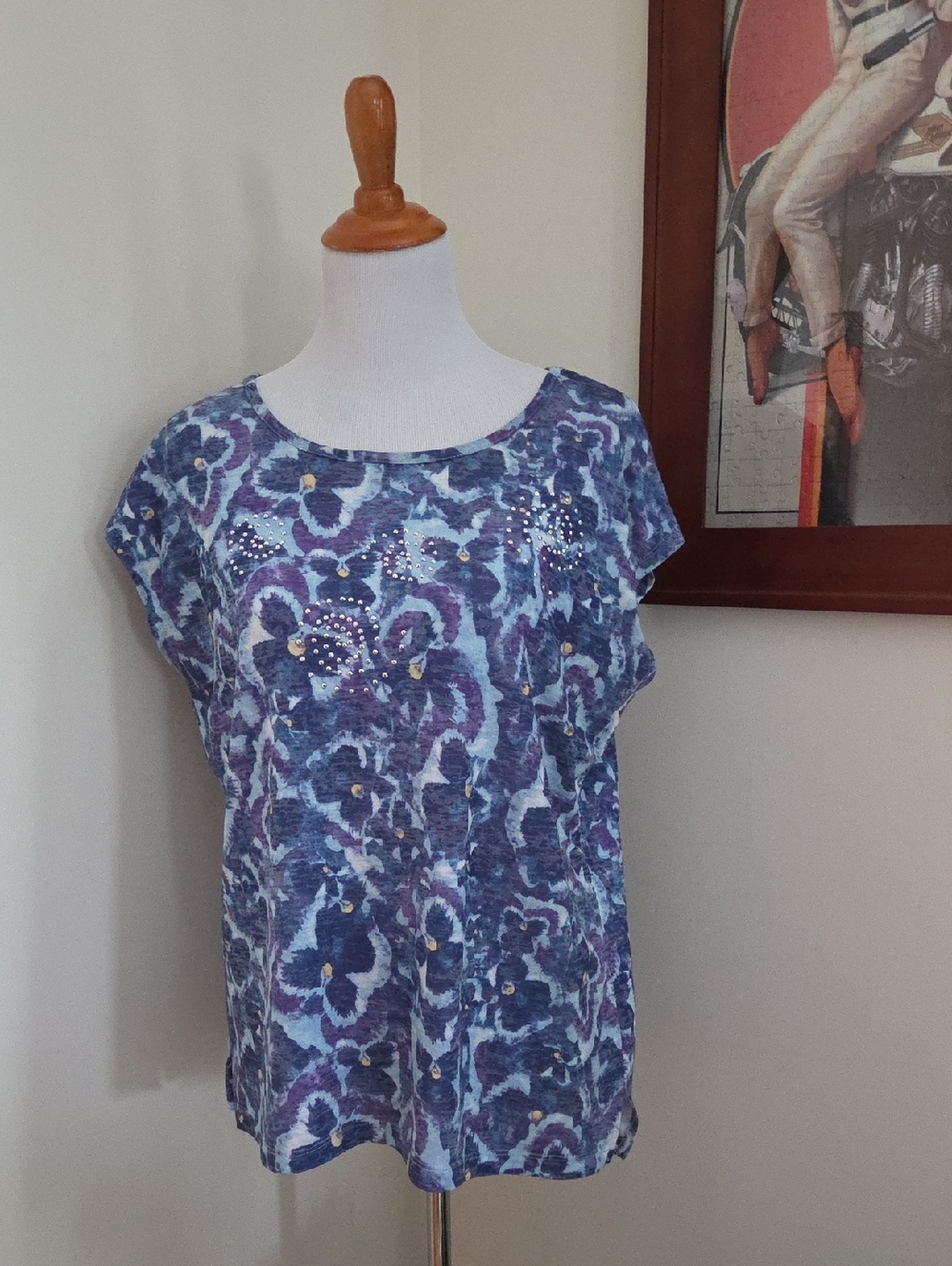 Cathy Daniels Blue & Purple Floral Short Sleeve Top